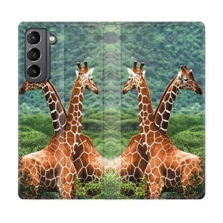 Housse Cuir Portefeuille Pour Samsung Galaxy S21 Savane Girafe Duo