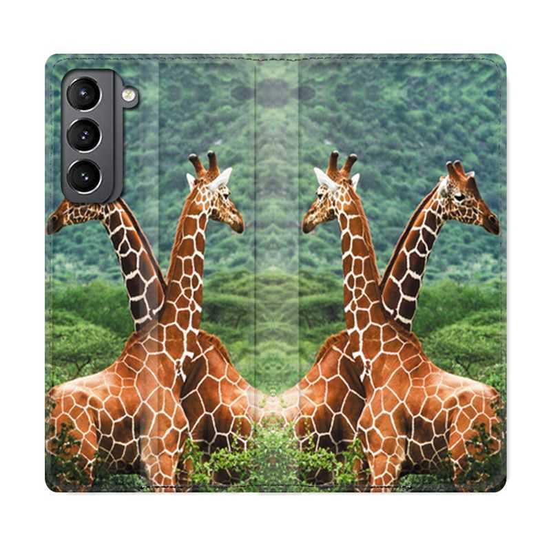 Housse Cuir Portefeuille Pour Samsung Galaxy S21 Savane Girafe Duo