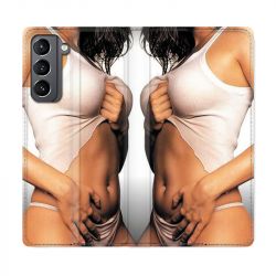 Housse Cuir Portefeuille Pour Samsung Galaxy S21 Sexy Tee Shirt Blanc