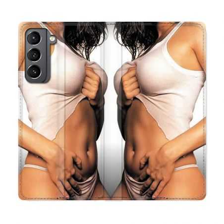 Housse Cuir Portefeuille Pour Samsung Galaxy S21 Sexy Tee Shirt Blanc