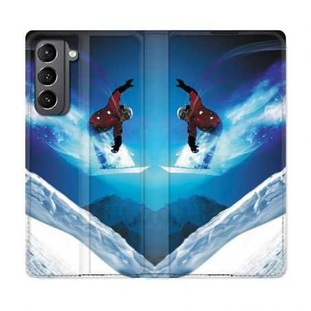 Housse Cuir Portefeuille Pour Samsung Galaxy S21 Snowboard Saut