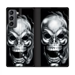 Housse Cuir Portefeuille Pour Samsung Galaxy S21 Tete de Mort Fume