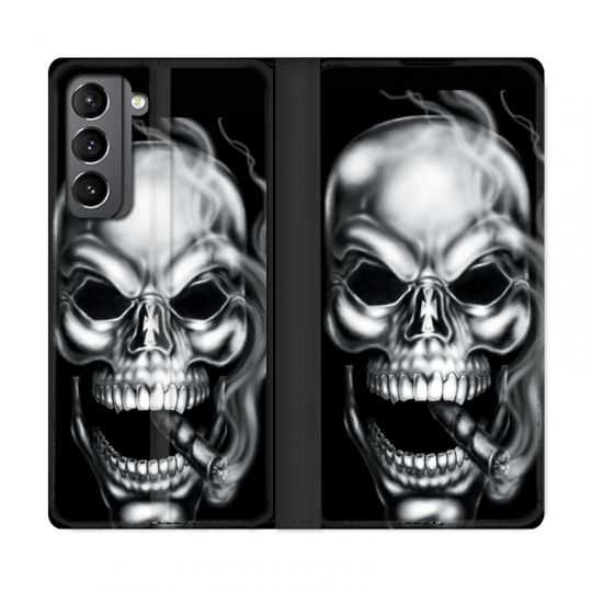 Housse Cuir Portefeuille Pour Samsung Galaxy S21 Tete de Mort Fume