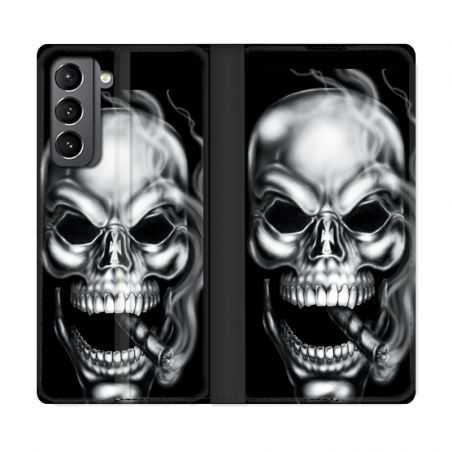 Housse Cuir Portefeuille Pour Samsung Galaxy S21 Tete de Mort Fume