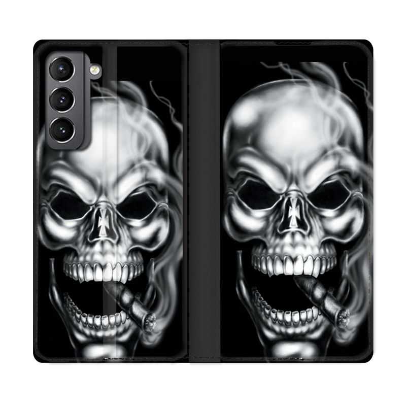 Housse Cuir Portefeuille Pour Samsung Galaxy S21 Tete de Mort Fume