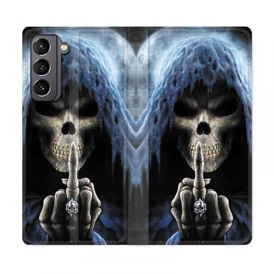 Housse Cuir Portefeuille Pour Samsung Galaxy S21 Tete de Mort Doigt