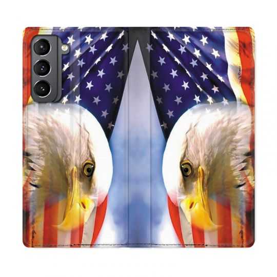 Housse Cuir Portefeuille Pour Samsung Galaxy S21 Amerique USA Aigle