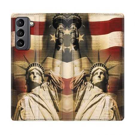 Housse Cuir Portefeuille Pour Samsung Galaxy S21 Amerique USA Statue liberté