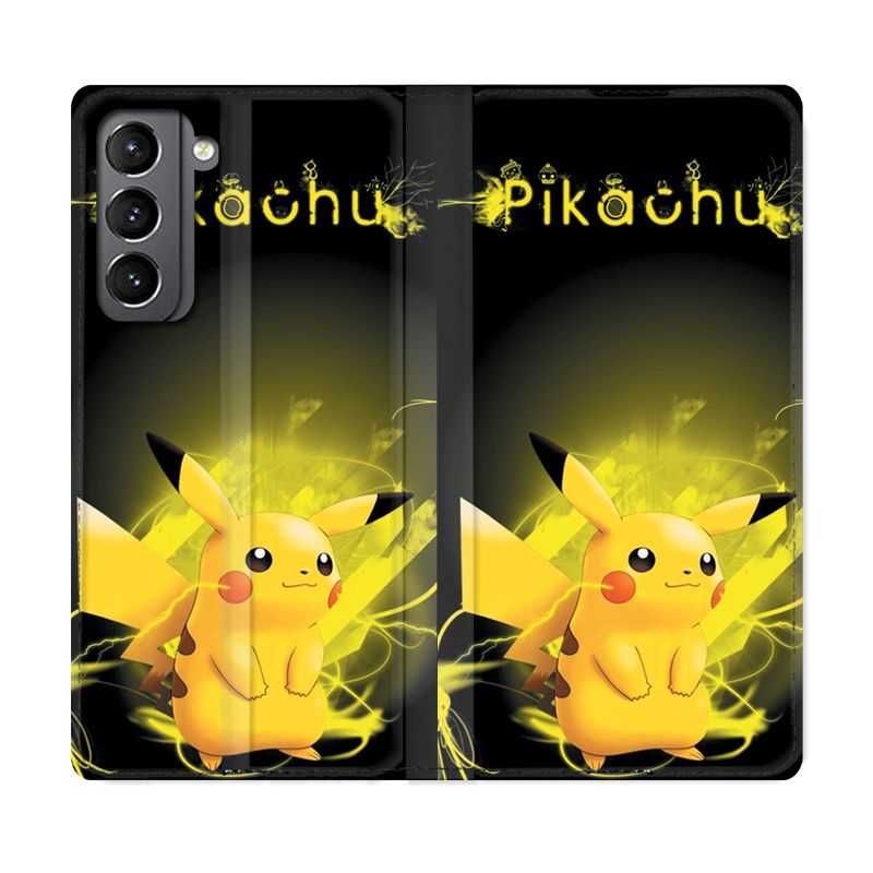 Housse Cuir Portefeuille Pour Samsung Galaxy S21 Pokemon Pikachu Eclair