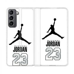 Housse Cuir Portefeuille Pour Samsung Galaxy S21 Jordan 23 Blanc