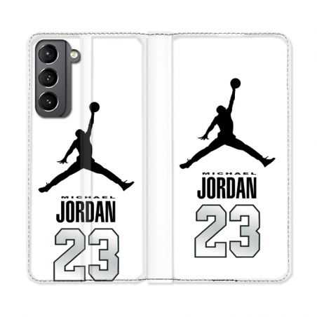 Housse Cuir Portefeuille Pour Samsung Galaxy S21 Jordan 23 Blanc