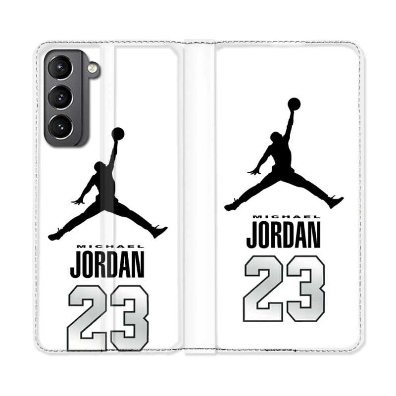 Housse Cuir Portefeuille Pour Samsung Galaxy S21 Jordan 23 Blanc