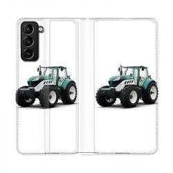 Housse Cuir Portefeuille Pour Samsung Galaxy S21 Plus Agriculture Tracteur Blanc