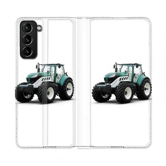 Housse Cuir Portefeuille Pour Samsung Galaxy S21 Plus Agriculture Tracteur Blanc