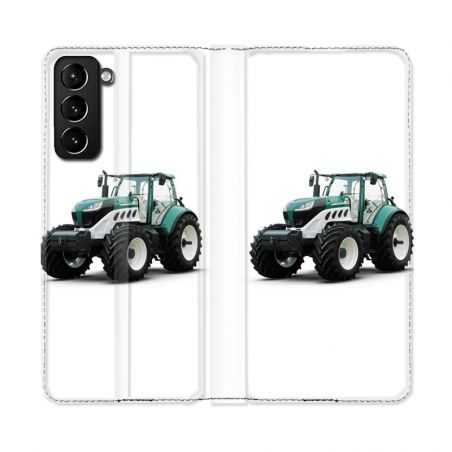 Housse Cuir Portefeuille Pour Samsung Galaxy S21 Plus Agriculture Tracteur Blanc