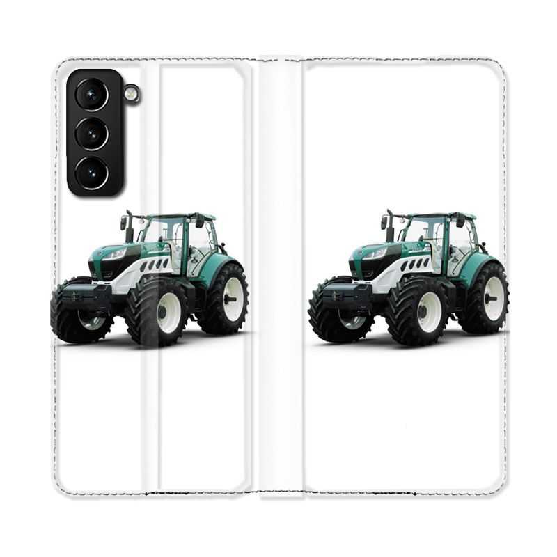 Housse Cuir Portefeuille Pour Samsung Galaxy S21 Plus Agriculture Tracteur Blanc