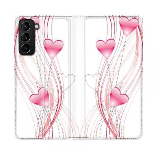 Housse Cuir Portefeuille Pour Samsung Galaxy S21 Plus Coeur Rose Montant sur Blanc
