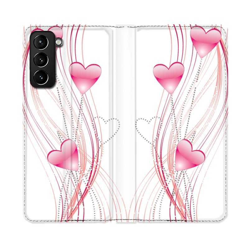 Housse Cuir Portefeuille Pour Samsung Galaxy S21 Plus Coeur Rose Montant sur Blanc