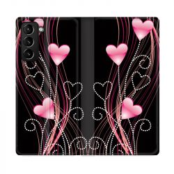 Housse Cuir Portefeuille Pour Samsung Galaxy S21 Plus Coeur Rose Montant sur Noir