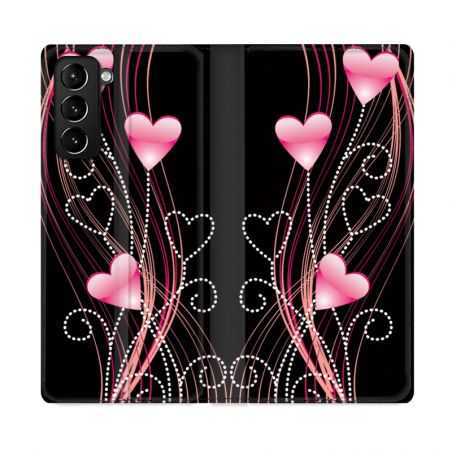 Housse Cuir Portefeuille Pour Samsung Galaxy S21 Plus Coeur Rose Montant sur Noir