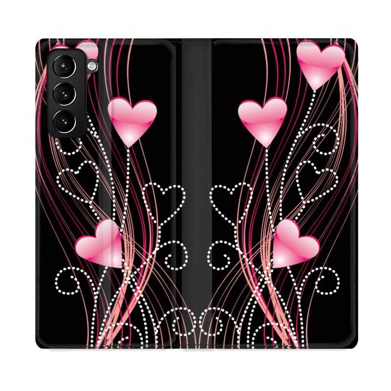 Housse Cuir Portefeuille Pour Samsung Galaxy S21 Plus Coeur Rose Montant sur Noir