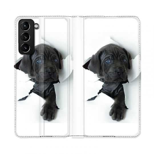Housse Cuir Portefeuille Pour Samsung Galaxy S21 Plus Chien Noir