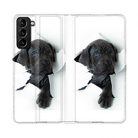 Housse Cuir Portefeuille Pour Samsung Galaxy S21 Plus Chien Noir