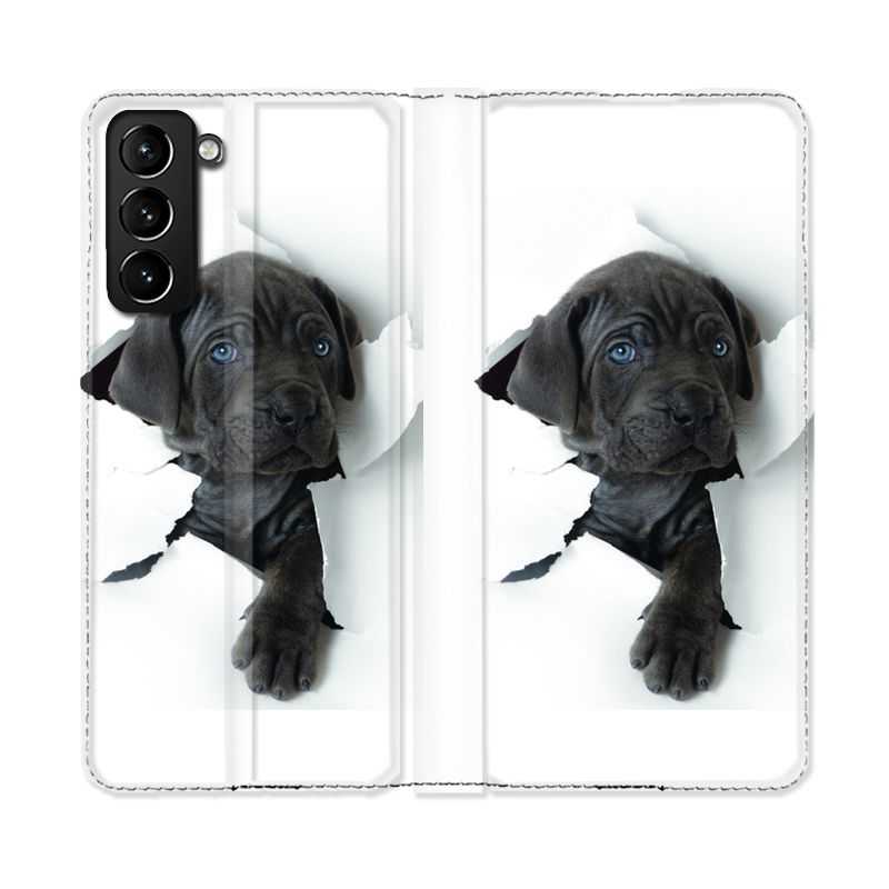 Housse Cuir Portefeuille Pour Samsung Galaxy S21 Plus Chien Noir