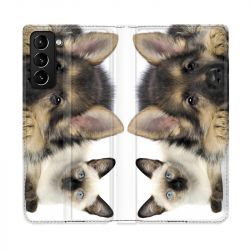Housse Cuir Portefeuille Pour Samsung Galaxy S21 Plus Chien vs Chat
