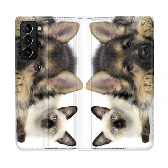 Housse Cuir Portefeuille Pour Samsung Galaxy S21 Plus Chien vs Chat