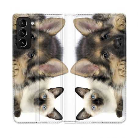 Housse Cuir Portefeuille Pour Samsung Galaxy S21 Plus Chien vs Chat