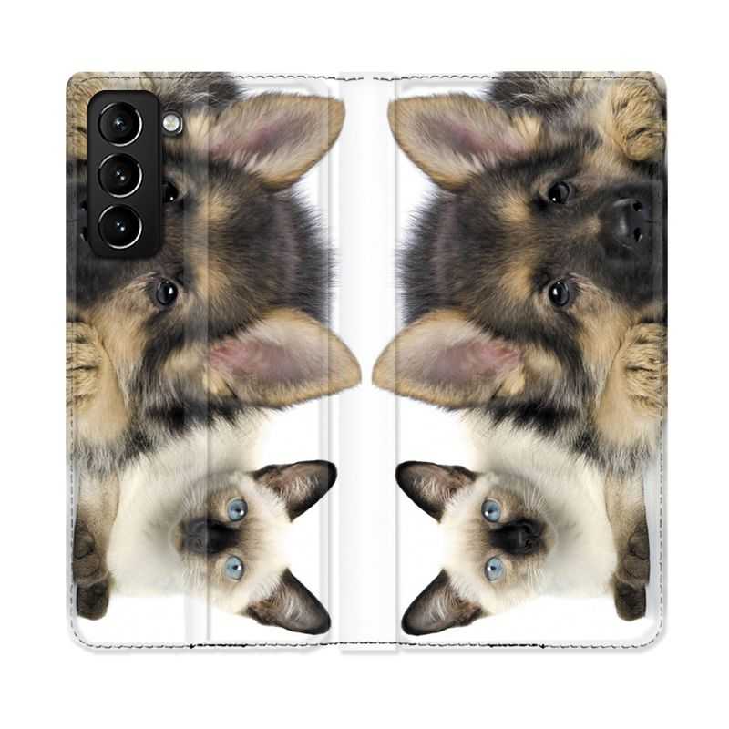 Housse Cuir Portefeuille Pour Samsung Galaxy S21 Plus Chien vs Chat