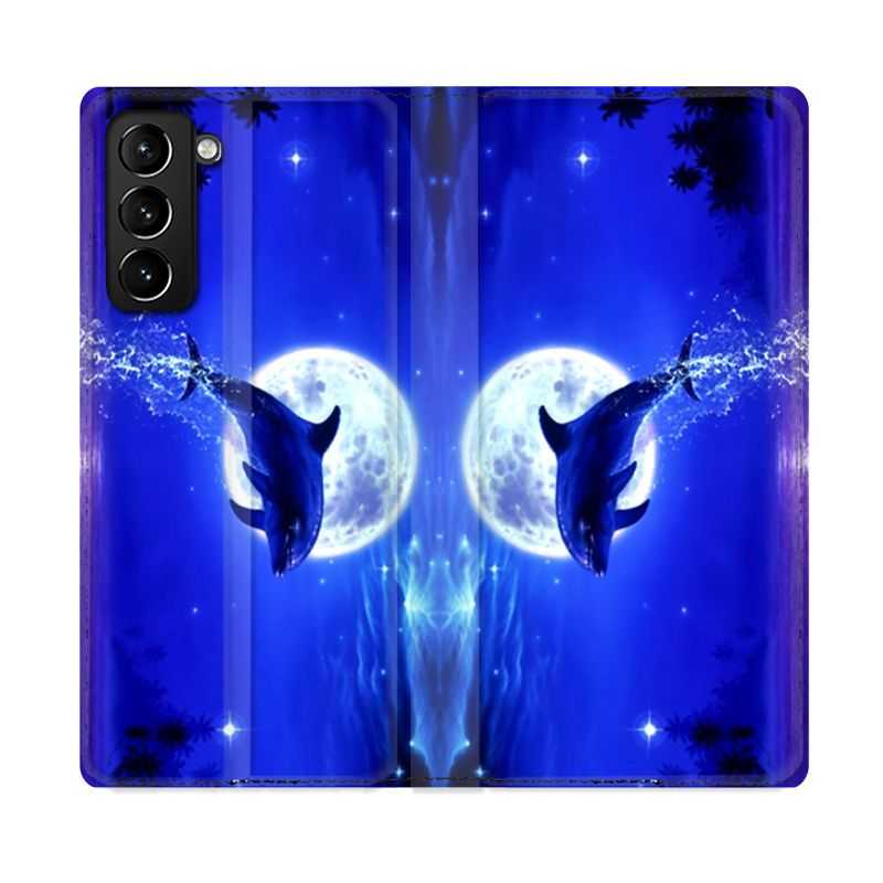 Housse Cuir Portefeuille Pour Samsung Galaxy S21 Plus Dauphin Lune