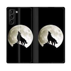 Housse Cuir Portefeuille Pour Samsung Galaxy S21 Plus Loup Noir