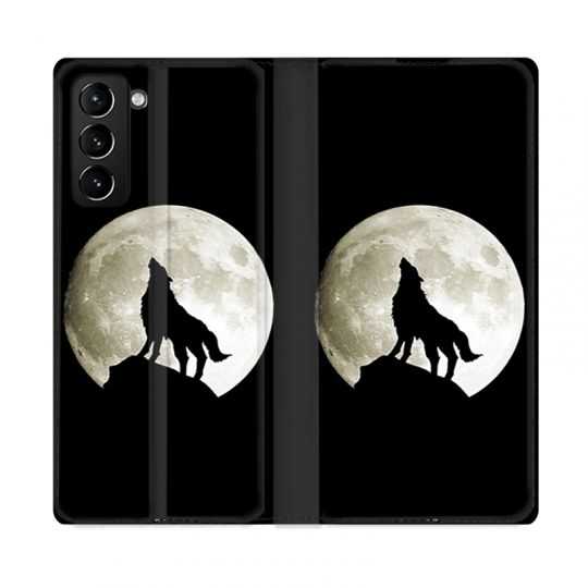 Housse Cuir Portefeuille Pour Samsung Galaxy S21 Plus Loup Noir
