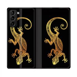 Housse Cuir Portefeuille Pour Samsung Galaxy S21 Plus Animaux Maori Lezard Noir