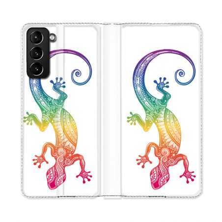 Housse Cuir Portefeuille Pour Samsung Galaxy S21 Plus Animaux Maori Salamandre Color