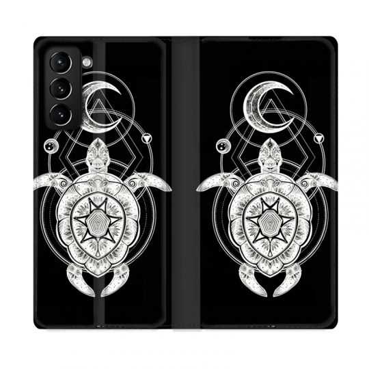 Housse Cuir Portefeuille Pour Samsung Galaxy S21 Plus Animaux Maori Tortue Noir
