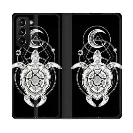 Housse Cuir Portefeuille Pour Samsung Galaxy S21 Plus Animaux Maori Tortue Noir