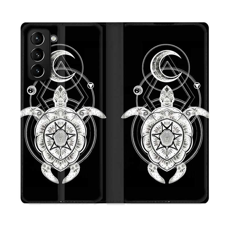 Housse Cuir Portefeuille Pour Samsung Galaxy S21 Plus Animaux Maori Tortue Noir