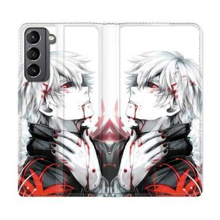 Housse Cuir Portefeuille Pour Samsung Galaxy S21 Plus Manga Kaneki Blanc
