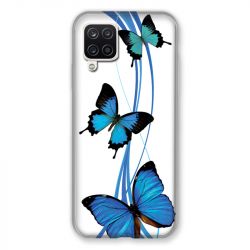 Coque Pour Samsung Galaxy A12 Papillon bleu sur Blanc