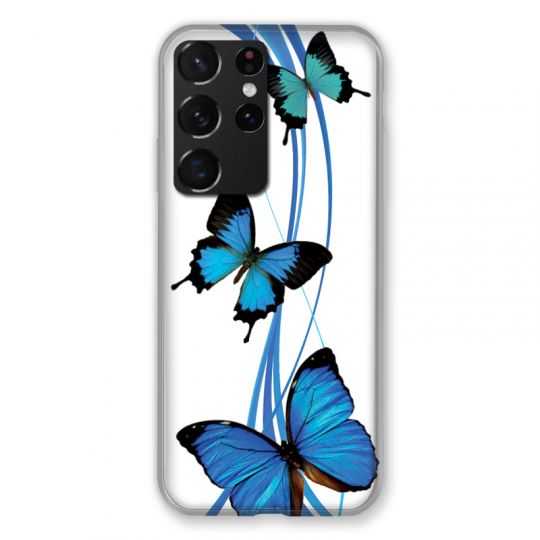 Coque Pour Samsung Galaxy S21 Ultra Papillon bleu sur Blanc