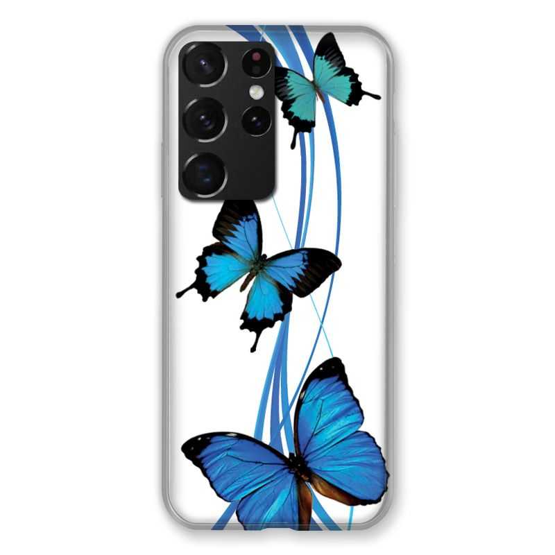 Coque Pour Samsung Galaxy S21 Ultra Papillon bleu sur Blanc