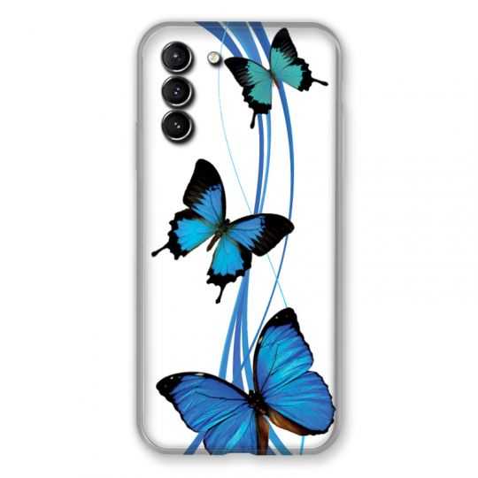 Coque Pour Samsung Galaxy S21 Plus Papillon bleu sur Blanc