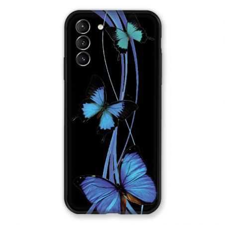 Coque Pour Samsung Galaxy S21 Plus Papillon bleu sur Noir