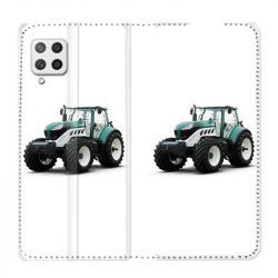 Housse Cuir Portefeuille Pour Samsung Galaxy A12 Agriculture Tracteur Blanc