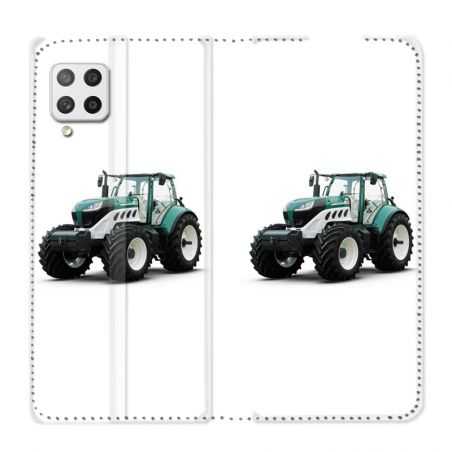Housse Cuir Portefeuille Pour Samsung Galaxy A12 Agriculture Tracteur Blanc
