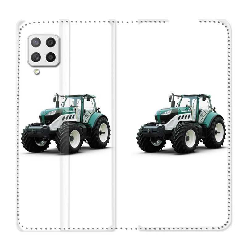 Housse Cuir Portefeuille Pour Samsung Galaxy A12 Agriculture Tracteur Blanc