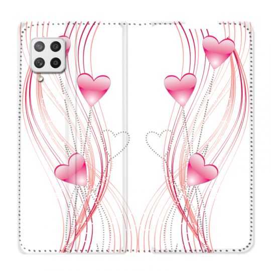 Housse Cuir Portefeuille Pour Samsung Galaxy A12 Coeur Rose Montant sur Blanc